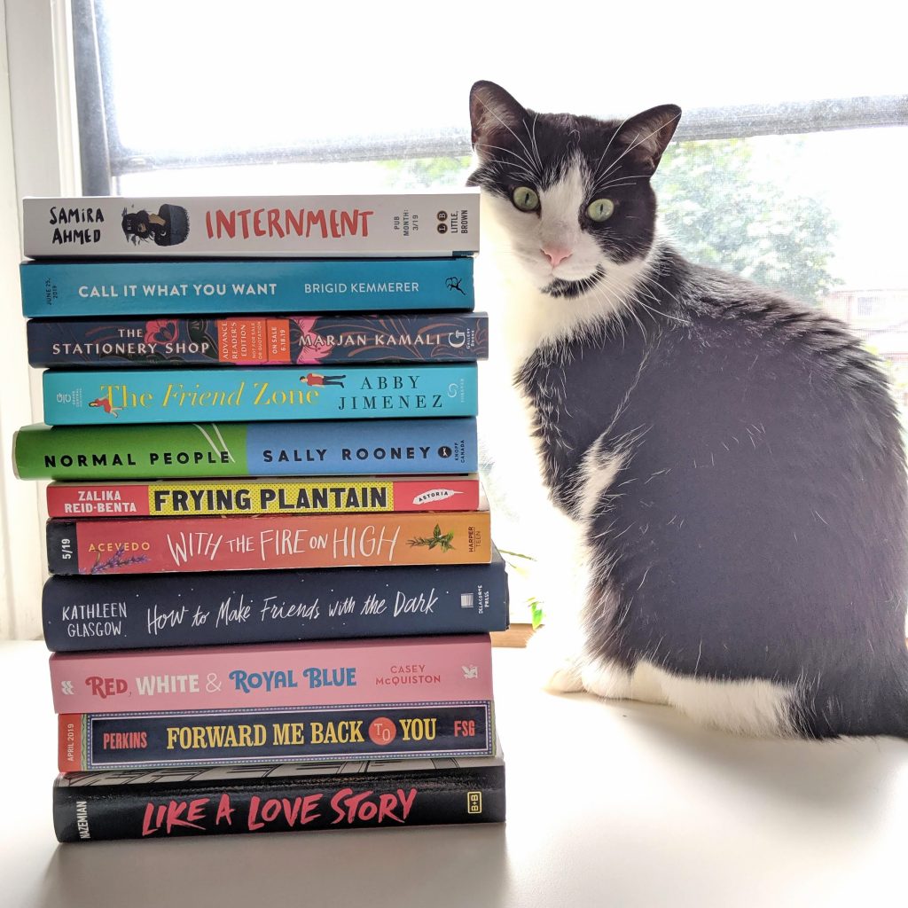 Stack of books that are reviewed next to a cat